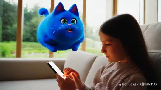 一个十五六岁的女孩拿着手机玩，一只蓝色的胖猫 在他面前说 by Hailuo AI Video Generator