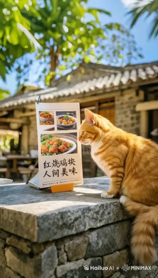 橘猫仔细的阅读菜谱上的文字，严格按提示词生成。 by Hailuo AI Video Generator
