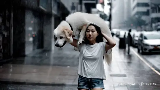 一个20岁左右的漂亮中国女子，上身穿着宽松的白色T恤，牛仔短裤，双手举起一条特别巨大受伤的白色大狗在头顶，在大雨中，穿过繁华都市的人行道，阴雨天气，灰色基调，电影级别 by Hailuo AI Video Generator