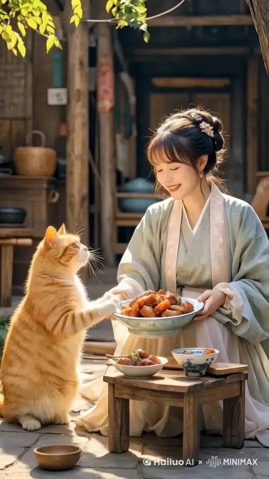 橘猫用爪子把红烧鸡块递给女人手里，示意女人吃饭，严格按提示词生成。 by Hailuo AI Video Generator