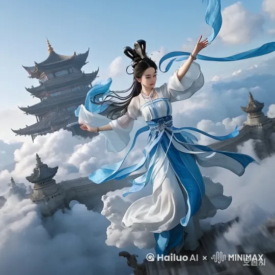 图片中的少女，双臂上下舞动，在张家界云端山顶跳跃飞
行，在镜头跟随，第二视角，转身向上飞走，云层滚动，镜头冲击力
强，镜头穿梭，旋转摇镜，高速飞行，动态模糊 by Hailuo AI Video Generator