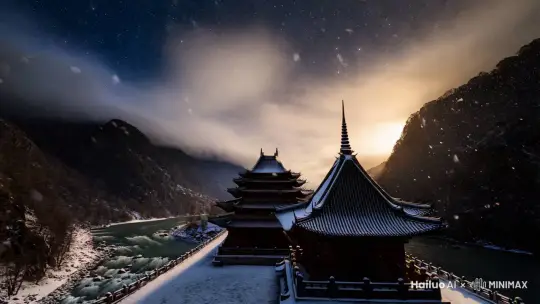 星空下 寺庙楼阁 高山流水 峡谷云烟 地上冬雪堆积 空中大雪纷飞 by Hailuo AI Video Generator