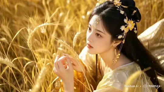 4. 花瓣飘落：微风吹过，花瓣从树上飘落，落在美女的身旁，仿佛为她营造了一个梦幻的场景。
5. 闭眼感受：她闭上眼睛，感受着麦穗的柔软和阳光的温暖，脸上洋溢着幸福的笑容。 by Hailuo AI Video Generator