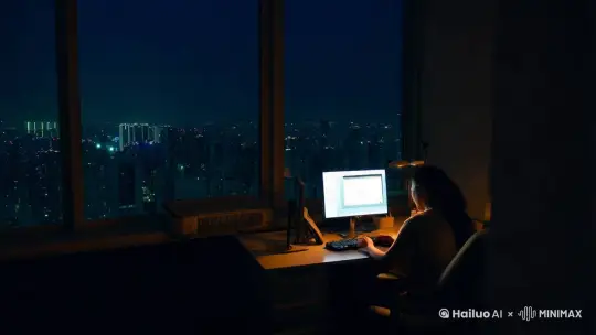 深夜十一点，城市沉入梦乡，28 层的写字楼却依旧灯火通明。林晓独自坐在办公桌前，电脑屏幕的光映照着她疲惫却又执着的脸。为了赶项目进度，她已经连轴转了两周。
四周寂静得只听见空调运转的嗡嗡声，突然，“啪” 的一声，整个楼层的灯瞬间熄灭，黑暗如潮水般涌来。林晓心里一惊，手机电量也所剩无几，慌乱中，她摸到一支备用蜡烛点亮。烛光摇曳，她的影子在墙上晃荡，愈发衬出孤独。
就在这时，同事张宇的声音从走廊传来，原来他也被困在了这里。两人借着微弱烛光相视苦笑，决定一起攻克剩下的难题。在昏黄的烛光下，他们你一言我一语，灵感竟不断涌现。
当清晨第一缕光透进窗户，项目终于完成。林晓和张宇望着彼此布满血丝的双眼，疲惫却满足地笑了。这一夜，黑暗没有将他们吞噬，反而让两颗心靠得更近，让奋斗有了别样的温度。 by Hailuo AI Video Generator