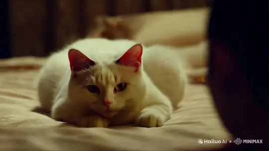 现实风格，在卧室里，一只白色的猫躺在卧室的床上，突然她的身体四周发光。猫脸消失，脸部轮廓逐渐清晰，最终变成中国美女，她的身体迅速变长，最终变成一个身材绝好的美少女，白色的皮毛变成一身红色透明薄纱睡衣。她躺在床上，白色的裙摆微微飘动，像仙女一样优雅和自信。 by Hailuo AI Video Generator