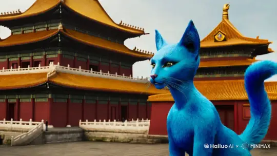 一个蓝色胖猫人在北京故宫中观看宏伟建筑群 by Hailuo AI Video Generator