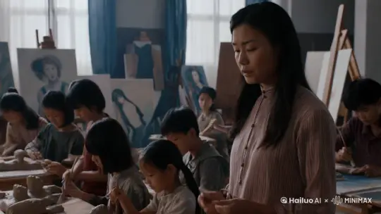 主体：一名中国美术老师，同学 主体运动：同学们见到的妈妈都是被打断手或腿的残疾人，老师由此联想到自己可能也会有这样的遭遇，感到害怕。 场景：美术教室 氛围：微恐 by Hailuo AI Video Generator