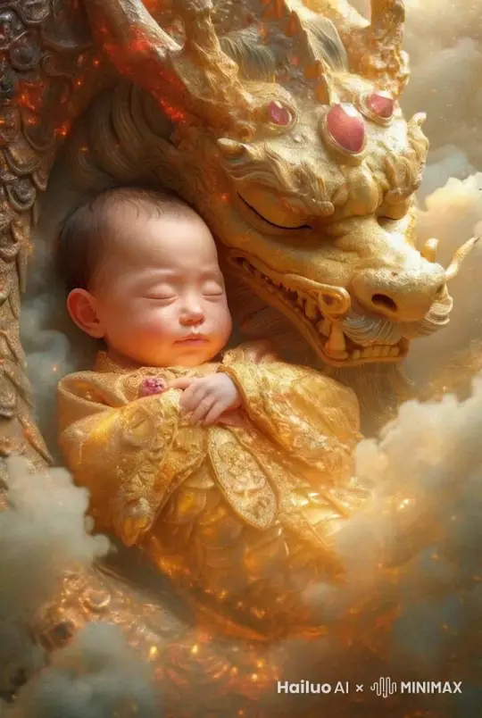 龙睁开双眼在盘延，宝宝睁开双眼在微笑 by Hailuo AI Video Generator