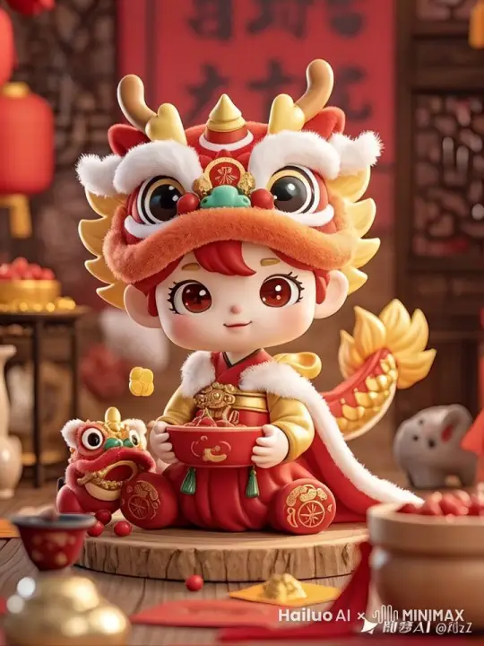 盲盒植绒版十二生肖龙，形象设计精致，形象生动，小巧精致，玲珑可爱风，特征明显，Q版，卡通版，五官刻画细腻，超精致，超有质感，C4D，轮廓清晰，风格统一，国风，古装，过年氛围，超高清，高分辨率，最佳画质，8K，大师级构图 by Hailuo AI Video Generator