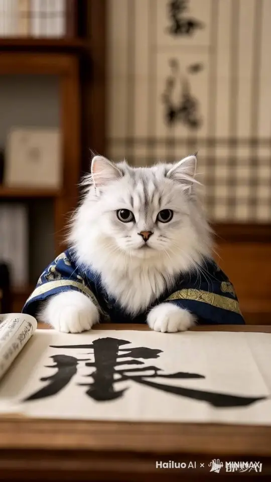 小猫左手执笔，在书案前挥毫泼墨 by Hailuo AI Video Generator