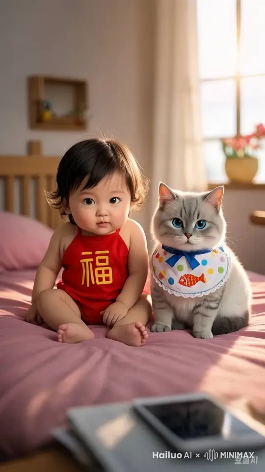小朋友和猫大笑，猫和小朋友跳起来鼓掌，随后抱在一起并坐下 by Hailuo AI Video Generator