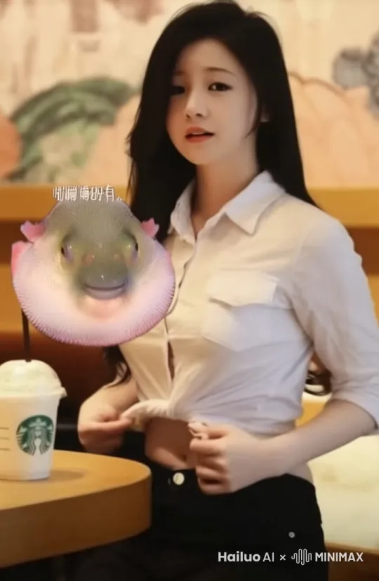 美女拿图上面的河豚擦自己的小白鞋，然后把河豚扔进垃圾桶里 by Hailuo AI Video Generator