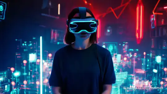 戴着虚拟现实（VR）耳机的人的数字或图形表示为特征。以未来主义为主题，以鲜明的蓝色和红色为特征，创造了一个身临其境的数字或网络环境。各种数字元素和灯光分散在图像中，强调虚拟或增强现实体验的概念。整体美学让人想起科幻小说或赛博朋克类型，展示了数字空间中技术和人类互动的融合。 by Hailuo AI Video Generator