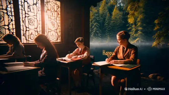 在湖畔幽林深处，那间教室宛如时光遗珠。昏黄光影透过雕花窗棂，故障艺术般闪烁，借多重曝光、像素多重晕染与透明像素弥散，带着老旧彩色胶片颗粒质感落下，呈 8-bit 怀旧色调。学子读写，思绪在现实与虚拟间穿梭。抬眼，墨湖触发意识流，“新年快乐”金字闪耀，光影与情绪交织，朦胧且迷幻，满是温情、孤独与浪漫，构建出恍惚又宁静的梦幻氛围，尽显高级感。 by Hailuo AI Video Generator