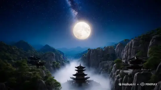星空下一轮满月明亮高悬 一道蜿蜒曲折的峡谷中云烟缥缈 
 寺庙楼阁若隐若现 by Hailuo AI Video Generator