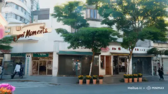 阳光洒满繁华街道，漂亮女生林晓的“甜蜜时光”甜品店温馨可爱，招牌闪耀。店门口摆放着几盆娇艳欲滴的鲜花，窗户擦得明亮干净，透过橱窗可以看到里面陈列着精美的甜品。 by Hailuo AI Video Generator