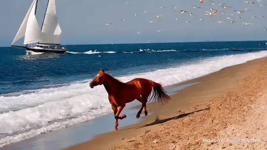 一匹枣红马在蔚蓝色的大海边海浪里奔跑  海面上一艘大帆船正在扬帆起航乘风破浪 一群海鸥在天空翱翔 by Hailuo AI Video Generator