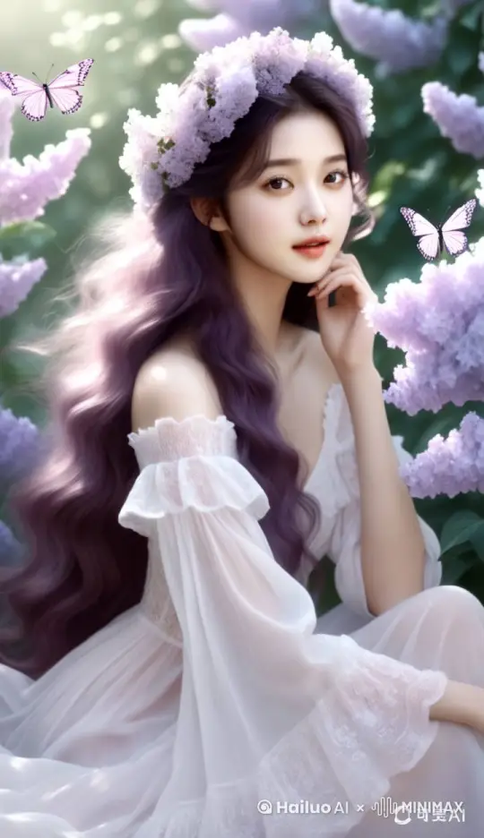 女人身体自然的运动，画面中的蝴蝶翩翩起舞，尾巴画出蓝紫色星光的粒子 by Hailuo AI Video Generator