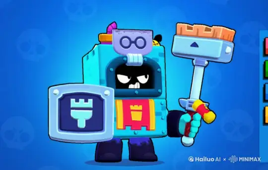 这个机器人的身边冒起了紫色的光芒，并且挥舞着手上的扫帚 by Hailuo AI Video Generator