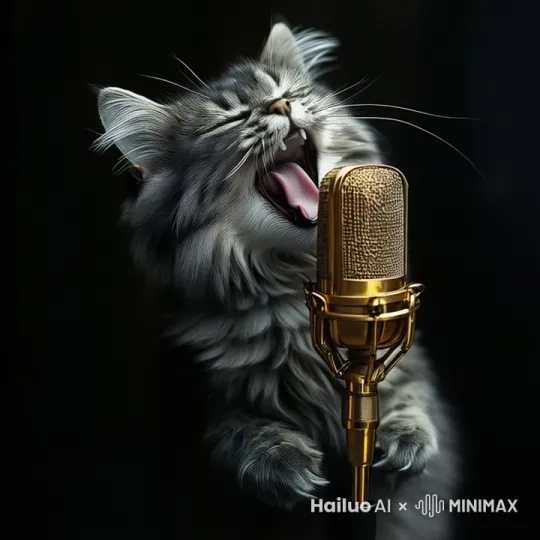 画面中猫咪，正在一直深情的唱歌，然后抛了一个媚眼。 by Hailuo AI Video Generator
