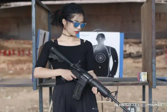她举起枪扫射镜头，手持镜头，面无表情，背景爆炸硝烟弥漫，最后恢复到画面开始的姿势 by Hailuo AI Video Generator