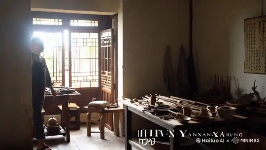 中心构图，展现房间场景。第 1 - 2 秒，研选家工匠从画面左侧进入，肩扛工具，步伐有力。第 3 - 4 秒，工匠走向画面右侧，光线从窗户照入，营造室内光感。第 5 秒，工匠停在画面右侧，准备开始工作，画面定格。
总结：5 秒内展示工匠进入房间、走向右侧并准备工作的过程。
精炼版：中心构图，研选家工匠肩扛工具进房间。1 - 2 秒从左进，3 - 4 秒走向右，5 秒定格准备工作（光线：室内光）。
 by Hailuo AI Video Generator