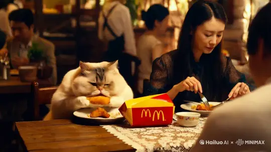 胖猫和大乔在饭店吃麦当劳 by Hailuo AI Video Generator