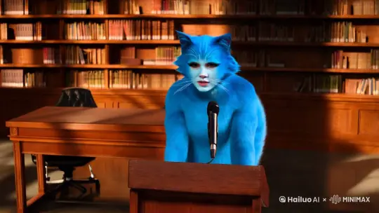 在一间教室里，一个蓝猫人在讲台上讲话 by Hailuo AI Video Generator