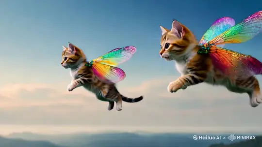 两只可爱的小猫咪长着蜻蜓翅膀，在蓝天中飞翔 by Hailuo AI Video Generator