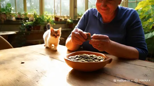 主人在磕瓜子，小猫咪来了，主人给它一把瓜子猫咪也在磕瓜子 by Hailuo AI Video Generator