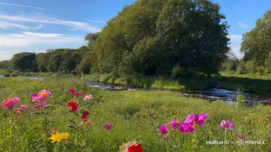 晴空万里，云在飘动，花草树木生生不息，小溪流动的风景，4k高清 by Hailuo AI Video Generator
