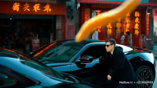 在潮汕的街头里，画面中驶入一辆黑色轿跑，一个身穿黑色西装领带并带着墨镜的美国人从车上开门下车，就在他环顾四周情况的同事，突然间一根油条从头顶飞过，一瞬间，一位中国大侠带着斗笠帽穿着短裤人字拖，披着披风坐在这台轿跑车顶上，一手端着一碗豆浆，一手握住宝剑直指美国人喉咙，下得美国人头冒冷汗双手高举一动不动 by Hailuo AI Video Generator