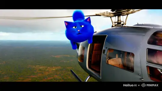 蓝色的胖猫从直升机上跳下来 by Hailuo AI Video Generator