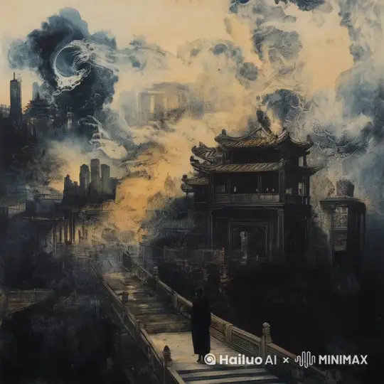 根据提示图，生成一篇视频，人物在桥上缓慢走动，天空种烟雾缭绕，犹如在烟雨江南行走 by Hailuo AI Video Generator