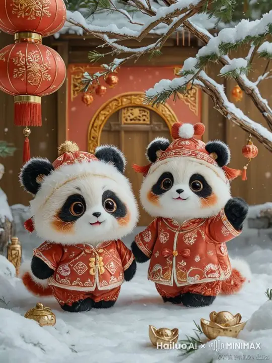 熊猫宝宝在门口高兴的向你招手，然后分立门口两边。摆出请进的手势让你进入 by Hailuo AI Video Generator