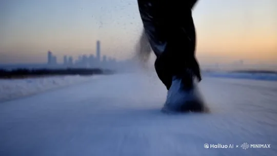 特写拍摄冰雪路面一双脚正在雪地里奔跑，越跑越快，向着远方的城市，城市中有一条巨型大蛇 by Hailuo AI Video Generator