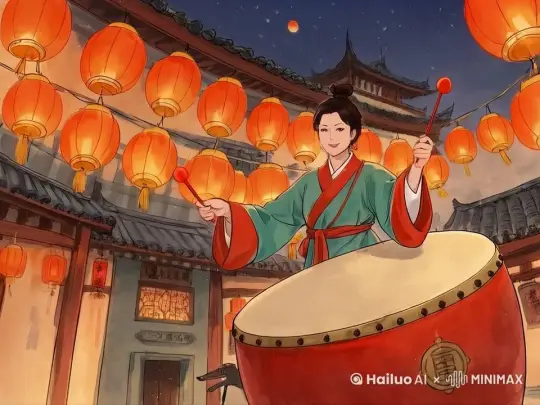 画面中的女子挥动手臂，慢慢地敲鼓，注意人物形体稳定 by Hailuo AI Video Generator