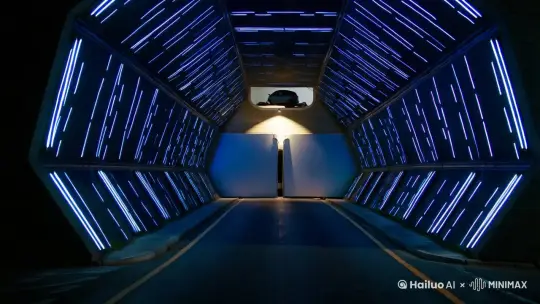 一个人的车库在一公里的八边形隧道里，隧道的两侧有科技青色的灯，车库是八边形的，而且车库俩侧颜有科技青色的灯，车库门是自动双开门的，隧道是半八边形的，隧道是直的,车库与隧道对齐，每一格间距共一1000分米，车库门开了后是一辆特斯拉，车库只有三格,隧道入面是一个一条黄线的公路,车库上面有一个八边形的洞,是汽车升降梯，进入车库正面看，隧道尽头有一道光 by Hailuo AI Video Generator