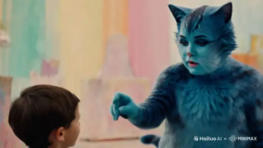 一个蓝色胖猫人指着一个小男孩说话 by Hailuo AI Video Generator