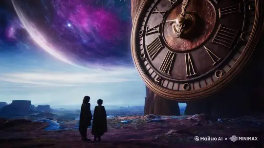 两个小人看着宇宙上巨大的星球上有个时钟 by Hailuo AI Video Generator