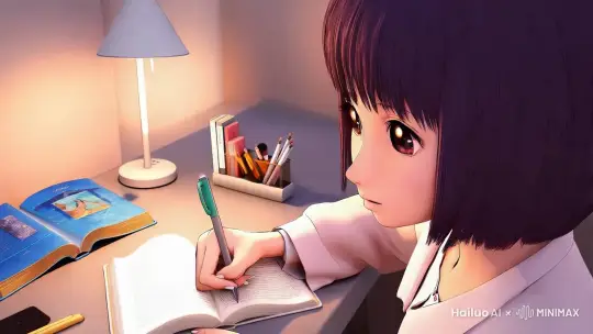 一个漫画少女正在写作业 by Hailuo AI Video Generator