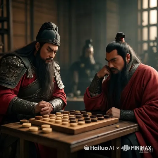 关羽和张飞下象棋，关羽右手捋胡须看棋盘，张飞左手拖头，右手下棋。
主体动态呈现，动作自然流畅，符合逻辑，极致细节，镜头跟拍，超真实动态捕抓，人物（动物）主体脸部、双手不变形，清晰自然，不模糊，高质量，没有瑕疵。动作幅度大，过程顺滑，主体不溢出画面，严格遵循指令。
负面内容：动画、模糊、变形、毁容、低质量、拼贴、粒状、标志、抽象、插图、计算机生成、扭曲 by Hailuo AI Video Generator