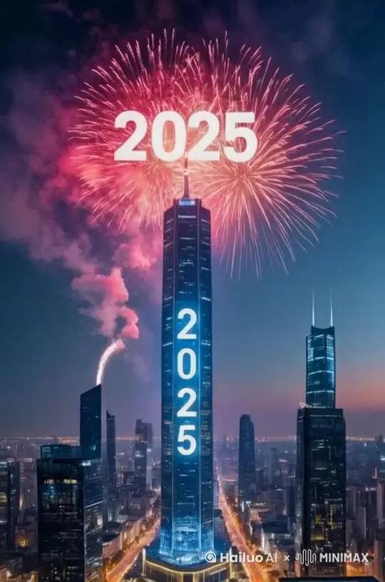 现代都市中心，中国除夕夜，烟花表演，鲜艳的色彩，直冲云霄的烟花，夜空，城市环境，节日气氛 by Hailuo AI Video Generator
