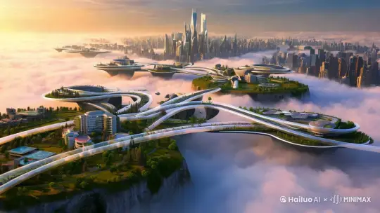 象一个漂浮在云端之上的城市，由无数的透明管道和高速磁悬浮列车连接着各个悬浮的岛屿。这些岛屿是城市的主体，每个岛屿都有自己的功能，比如住宅区、商业区、工业区和娱乐区。 by Hailuo AI Video Generator