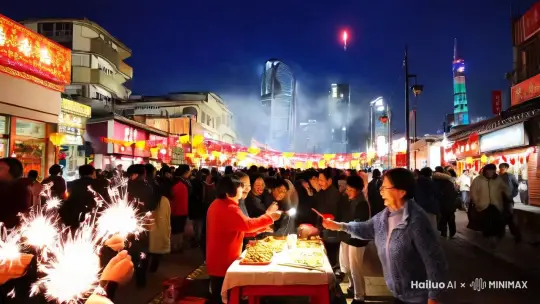 在这个喜庆的时刻，让我们一同点燃心中的喜悦，迎接新年的到来！烟花爆竹，作为中华民族传统文化的重要组成部分，承载着人们对美好生活的向往和祝福。
画面一：夜幕降临，华灯初上。城市的街头巷尾，张灯结彩，喜气洋洋。孩子们手持烟花棒，欢快地奔跑着，脸上洋溢着纯真的笑容。
画面二：一家人围坐在一起，桌上摆满了丰盛的年夜饭。长辈们笑容满面，给晚辈们发压岁钱，祝福他们健康成长。
画面三：随着新年钟声的敲响，五彩斑斓的烟花在夜空中绽放。烟花如诗如梦，似繁星点点，又似繁花似锦，将整个夜空染成了一幅美丽的画卷。
画面四：人们纷纷走出家门，涌上街头，共同欣赏这美丽的烟花盛宴。欢呼声、笑声、祝福声交织在一起，构成了一曲欢乐的交响乐。
画面五：烟花绽放的瞬间，镜头捕捉到每一个精彩的细节。烟花的光芒照亮了人们的脸庞，也照亮了他们心中的希望和梦想。
画面六：在烟花的映衬下，城市的地标建筑显得更加雄伟壮观。烟花与城市的灯光交相辉映，构成了一幅独特的城市夜景图。
画面七：随着烟花的逐渐熄灭，人们的脸上依然洋溢着幸福的笑容。他们带着满满的祝福和期待，迎接新的一年的到来。
画面八：最后，画面渐渐模糊，出现字幕：“烟花爆竹，传承千年文化，传递美好祝福。让我们共同珍惜这份传统，迎接更加美好的明天！

参考：
[1]:https://blog.csdn.net/weixin_39326777/article/details/143704760
[2]:https://www.sohu.com/a/752079089_121123868/
[3]:http://www.zshikong.com/news/424.html
[4]:https://www.thepaper.cn/newsDetail_forward_26180041
[5]:https://news.qq.com/rain/a/20241228A07P7K00
[6]:https://www.163.com/dy/article/JKM317Q3051495SS.html
[7]:https://tv.cctv.cn/2024/02/11/VIDEOIjL9uab97ZP9pu7zWw8240211.shtml
[8]:https://baike.baidu.com/item/%E7%83%9F%E8%8A%B1%E7%88%86%E7%AB%B9%E5%AE%89%E5%85%A8%E4%B8%8E%E8%B4%A8%E9%87%8F/17804790
 by Hailuo AI Video Generator