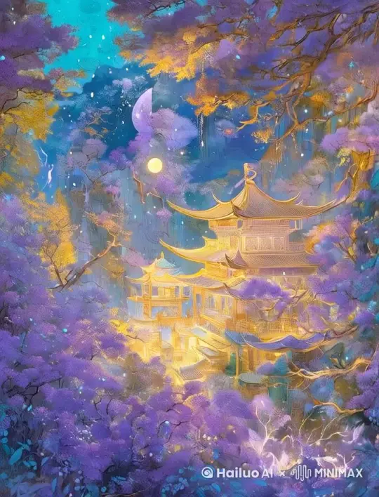 白青如画入眼帘，暮山紫气满云端。砖石筑梦映宫殿，光影迷离舞翩翩。风吹云动白青舞，月下清辉照紫霞。沉醉流转映花影，醉卧仙境入蓬莱。梦境如梦如幻，空灵仙境感觉，超高清，画面闪亮着荧光，超现实梦境，丁达尔光效，精美绝伦32k，高清电影感画面，真实感。 by Hailuo AI Video Generator