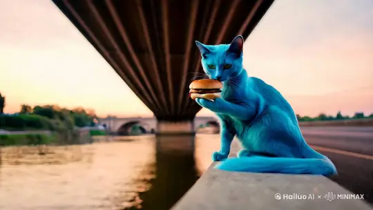 一直很瘦的蓝色猫在桥上面吃汉堡 by Hailuo AI Video Generator