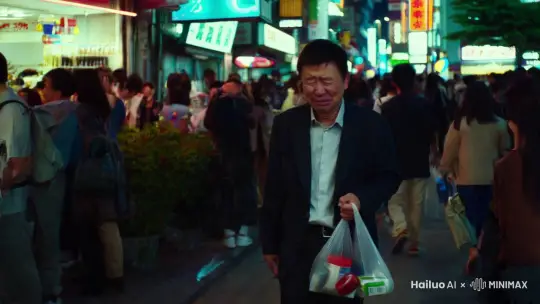旋转镜头，夜景，大街上，一个落魄的小职员（穿着西装，中国人，面部自带幽默气质），一身疲惫拎着塑料袋（装着易拉罐，白菜等日用品），的站在人群中，夜间灯红酒绿的城市仿佛都不属于他 by Hailuo AI Video Generator