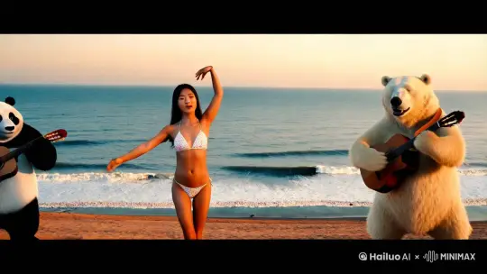 一个身穿比基尼的性感亚洲少女在海边跳舞，旁边来一只大熊猫跟北极熊，两只熊在弹吉他唱歌 by Hailuo AI Video Generator