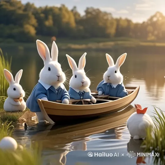 兔子将小船推到湖中，湖面泛起涟漪。 by Hailuo AI Video Generator